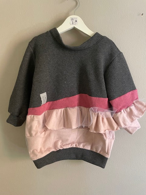Felpa tre balze grigio e rosa